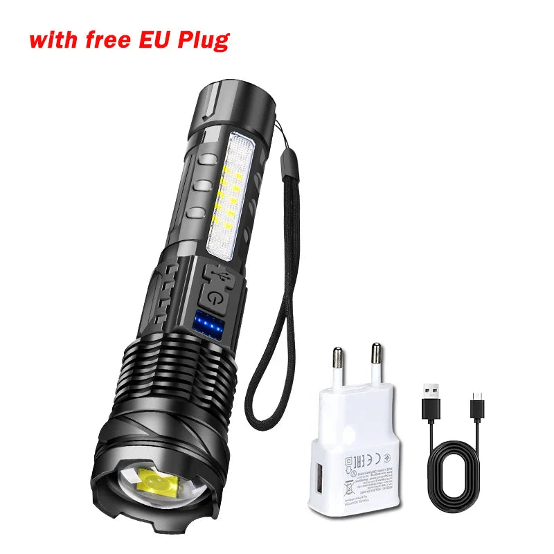 Powerful Flashlights Type C Rechargeable Zoom Torch Light High Power LED Flashlight Built-in Battery For Camping Emergency Lamp