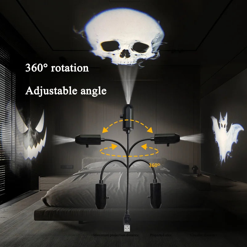 Halloween Projector USB 360 Degree Rotating LED Skull Projector Lamp Halloween Decoration for Bedroom Ceiling Room Wall Decor
