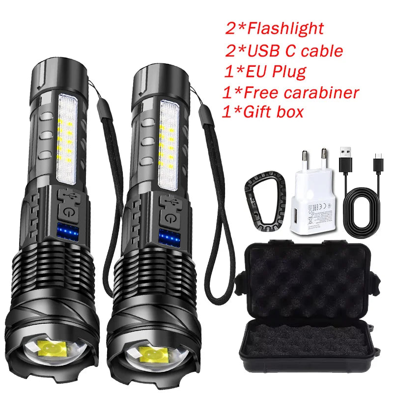 Powerful Flashlights Type C Rechargeable Zoom Torch Light High Power LED Flashlight Built-in Battery For Camping Emergency Lamp
