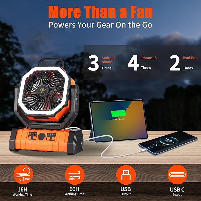 Rechargeable Fan,Operated Camping Battery Powered Fan with Hook&Bright LED Light,Remote Control Timer Auto Oscillation Cordless