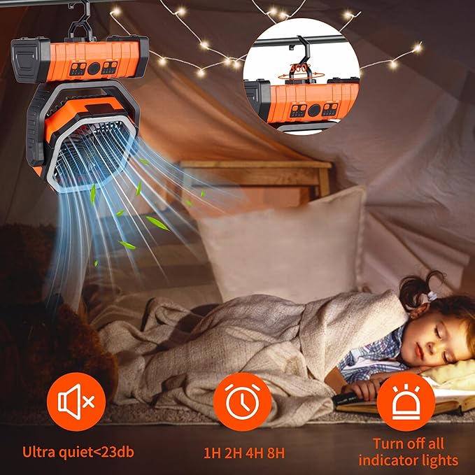 Rechargeable Fan,Operated Camping Battery Powered Fan with Hook&Bright LED Light,Remote Control Timer Auto Oscillation Cordless