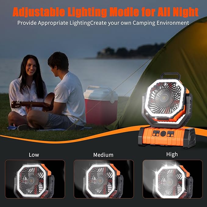 Rechargeable Fan,Operated Camping Battery Powered Fan with Hook&Bright LED Light,Remote Control Timer Auto Oscillation Cordless