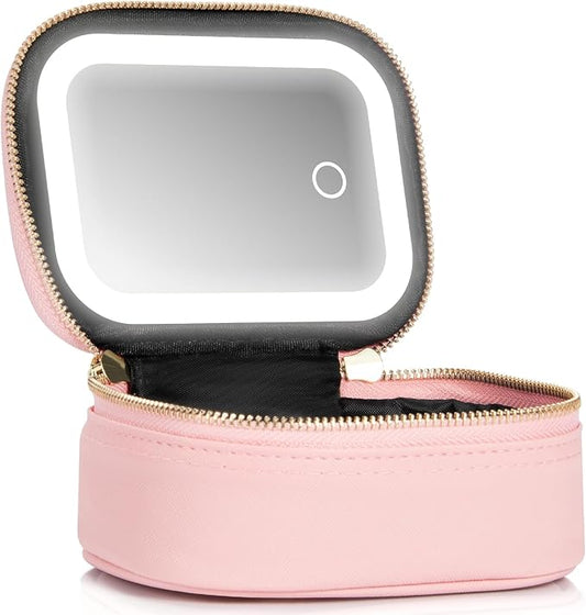 Small Makeup Bag Travel Train Case with Mirror and Light Mini Travel Make up for Women Train Case Cosmetic Organizer 3 Adjustable Brightness Toiletry Bag Portable Artist Storage