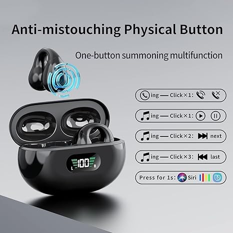 Open Ear Bone Conduction Headphones, Bluetooth 5.3, Wireless Clip Headphones with Digital Display, 40 Hour Playback Charging Case, Sports Headphones with