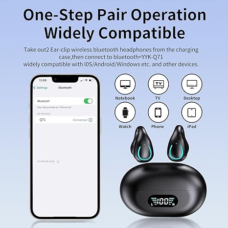 Open Ear Bone Conduction Headphones, Bluetooth 5.3, Wireless Clip Headphones with Digital Display, 40 Hour Playback Charging Case, Sports Headphones with