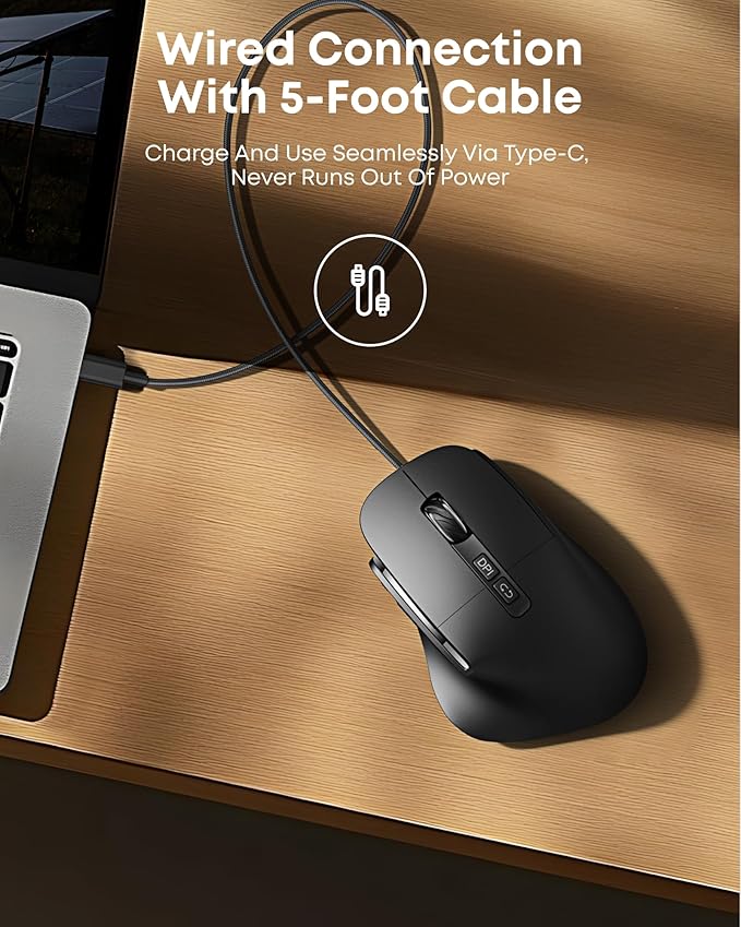 Rechargeable ergonomic mouse with Jiggler, Bluetooth+2.4G wireless+wired connection (3 in 1), maximum 4800 DPI, quick fire key, 5 foot charging cable, silent mice with tunnel