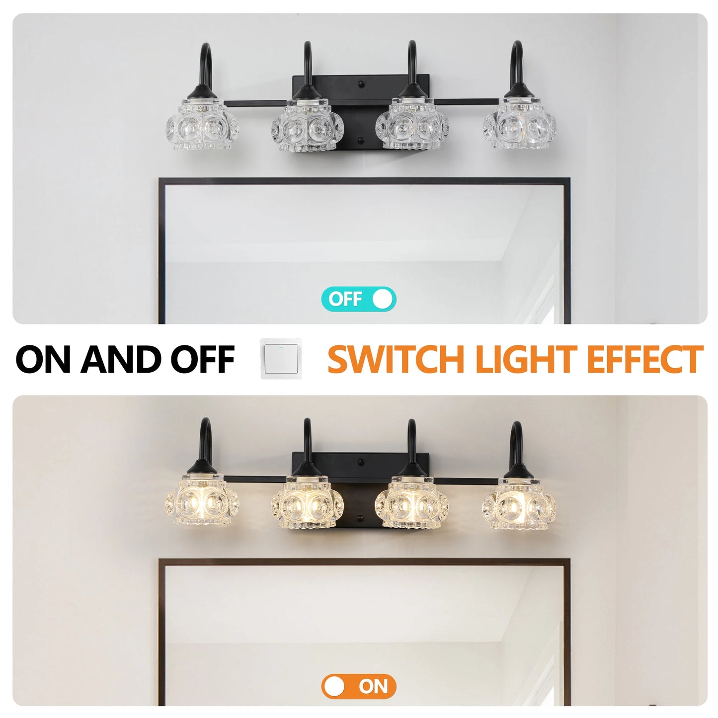 23" Retro 4-Light Bathroom Vanity Light Fixture - Black Finish with Crystal Glass Shades, Wall Mounted Lighting