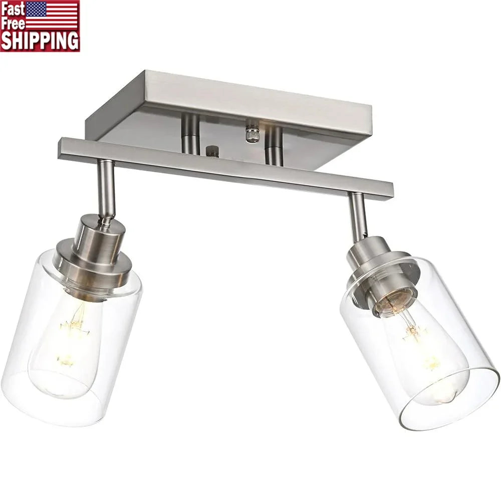 2 Light Track Lighting Kit Brushed Nickel Ceiling Mount Vanity Light Clear Glass Rotatable Fixtures Bathroom Kitchen Island Cafe