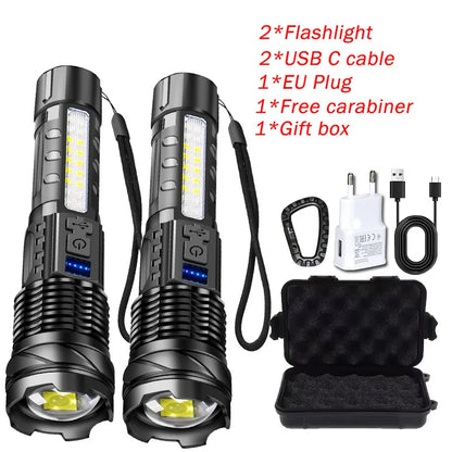 Powerful Flashlights Type C Rechargeable Zoom Torch Light High Power LED Flashlight Built-in Battery For Camping Emergency Lamp