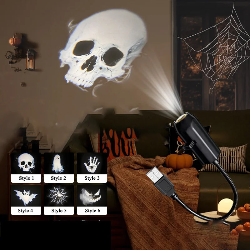Halloween Projector USB 360 Degree Rotating LED Skull Projector Lamp Halloween Decoration for Bedroom Ceiling Room Wall Decor