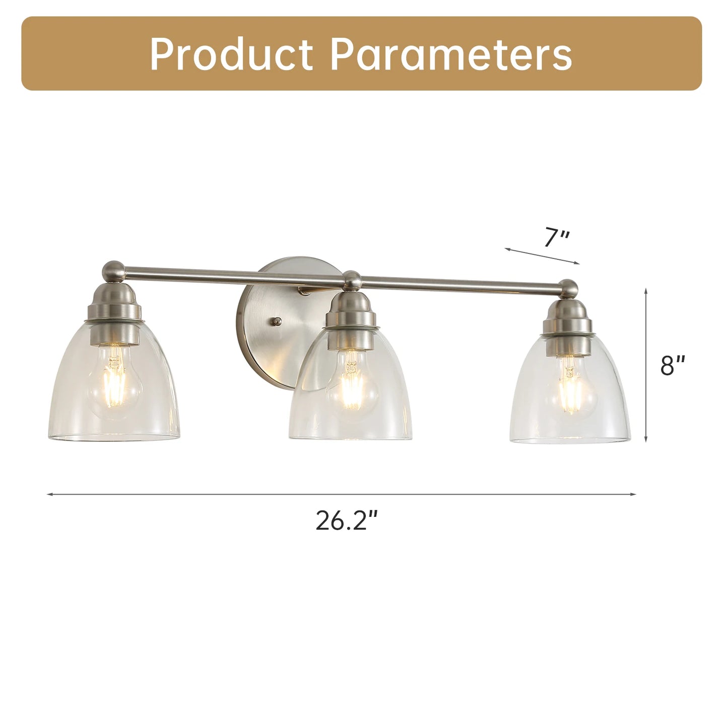 Modern 3-Light Brushed Nickel Bathroom Vanity Light with Clear Glass Shade, E26 Wall Sconces Over Mirror for Living Room Bedroom