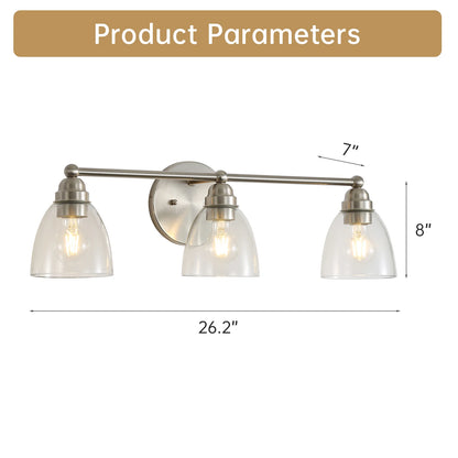 Modern 3-Light Brushed Nickel Bathroom Vanity Light with Clear Glass Shade, E26 Wall Sconces Over Mirror for Living Room Bedroom