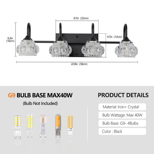 23" Retro 4-Light Bathroom Vanity Light Fixture - Black Finish with Crystal Glass Shades, Wall Mounted Lighting