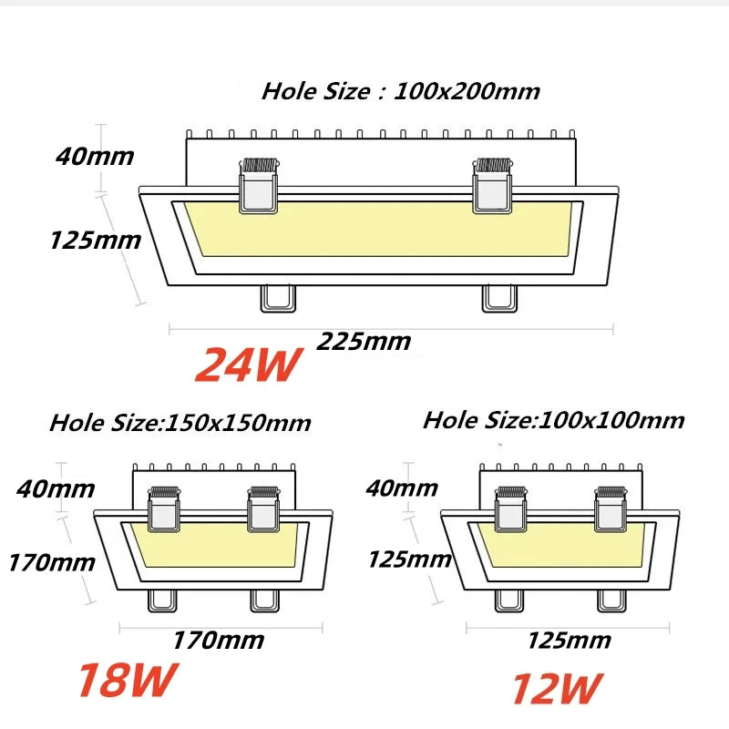 1pcs LED panel dimmable recessed LED downlight 12W 18W 24w square LED spotlight LED ceiling light AC185V 220V 240V