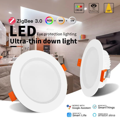 GLEDOPTO ZigBee3.0 6W 12W 3.5 Inch RGBCCT LED Downlight CRI 90+ Ceiling Recessed Light App Voice Alexa ZigBee2mqtt Conbee2 Tuya