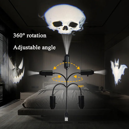 Halloween Projector USB 360 Degree Rotating LED Skull Projector Lamp Halloween Decoration for Bedroom Ceiling Room Wall Decor