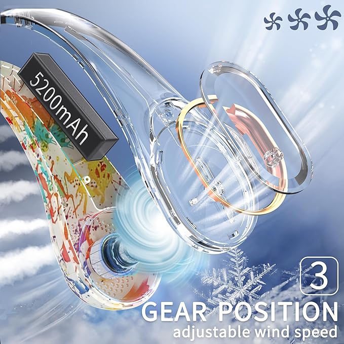 FrSara Neck Fan, Portable Personal Fan Strong Wind, 5200mAh, Air Volume,360° Cooling, No Hair Twisting, Air Volume On 2 Sides, Non-Slip, Quick Charge, Long Use Time
