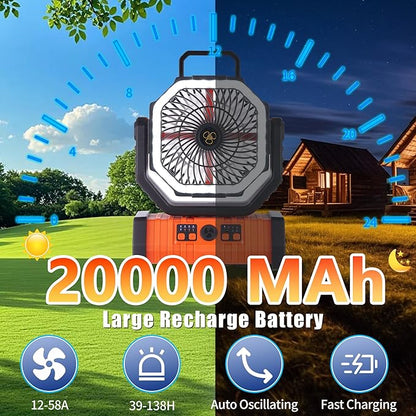 Rechargeable Fan,Operated Camping Battery Powered Fan with Hook&Bright LED Light,Remote Control Timer Auto Oscillation Cordless