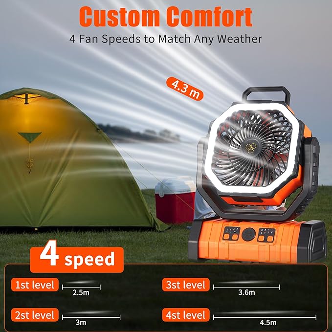 Rechargeable Fan,Operated Camping Battery Powered Fan with Hook&Bright LED Light,Remote Control Timer Auto Oscillation Cordless