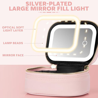 Small Makeup Bag Travel Train Case with Mirror and Light Mini Travel Make up for Women Train Case Cosmetic Organizer 3 Adjustable Brightness Toiletry Bag Portable Artist Storage