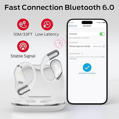 Monster Open Ear AC328 Wireless Headphones, Open Ear Headphones 32 Hours Playback, Lightweight and Comfortable Bluetooth Headphones, Bluetooth 6.0 Headphones with Stereo Sound, Design