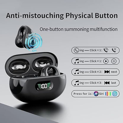 Open Ear Bone Conduction Headphones, Bluetooth 5.3, Wireless Clip Headphones with Digital Display, 40 Hour Playback Charging Case, Sports Headphones with