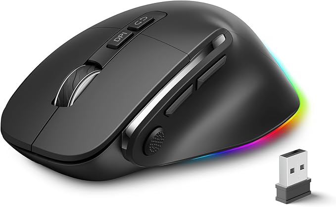 Rechargeable ergonomic mouse with Jiggler, Bluetooth+2.4G wireless+wired connection (3 in 1), maximum 4800 DPI, quick fire key, 5 foot charging cable, silent mice with tunnel
