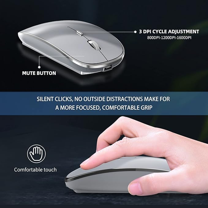 Wireless Chargeable Mouse Portable Silent USB Type C Dual Mode 3 DPI Adjustable for Laptop Mac Android PC (Q23S Black) (PINK)