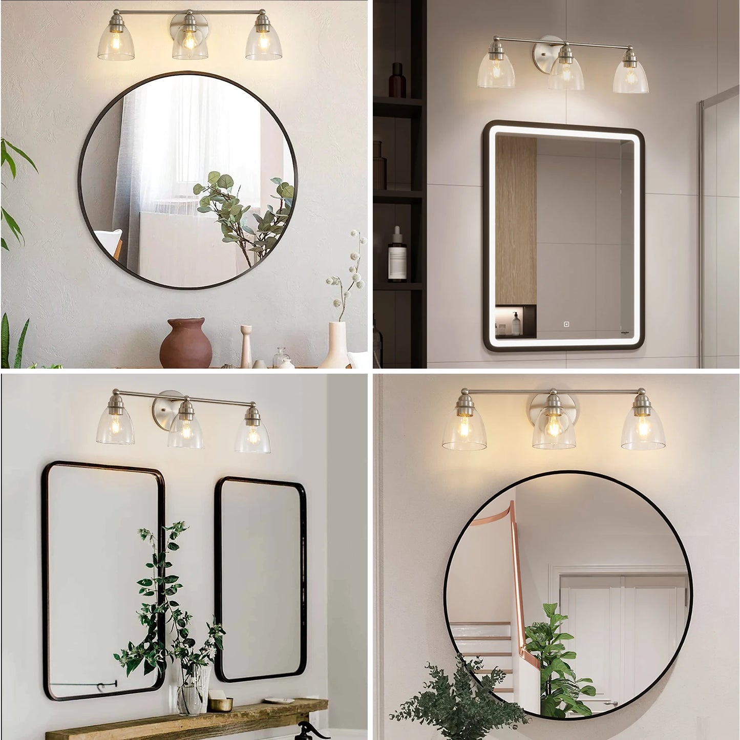 Modern 3-Light Brushed Nickel Bathroom Vanity Light with Clear Glass Shade, E26 Wall Sconces Over Mirror for Living Room Bedroom