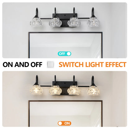 23" Retro 4-Light Bathroom Vanity Light Fixture - Black Finish with Crystal Glass Shades, Wall Mounted Lighting