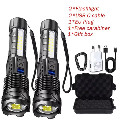 Powerful Flashlights Type C Rechargeable Zoom Torch Light High Power LED Flashlight Built-in Battery For Camping Emergency Lamp